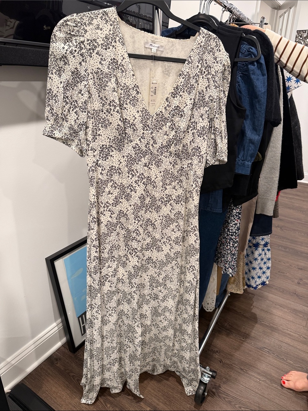 Madewell White Maxi Dress with Black Floral Speckle